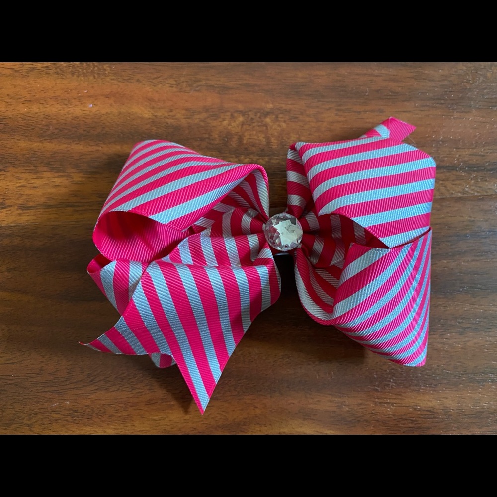Girl’s Pink and Silver Striped Rhinestone Hair Bow